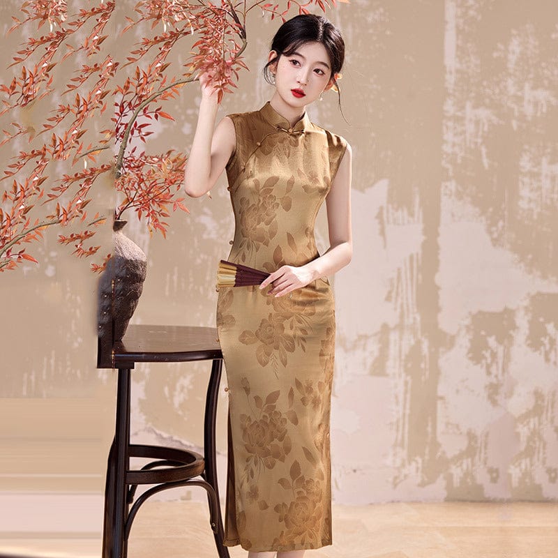 Beth and Brian Qipao-ZQYS Floral pattern, gold&blue midi Cheongsam