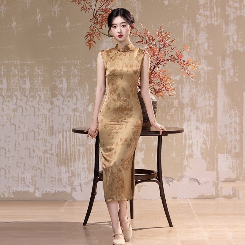 Beth and Brian Qipao-ZQYS Floral pattern, gold&blue midi Cheongsam