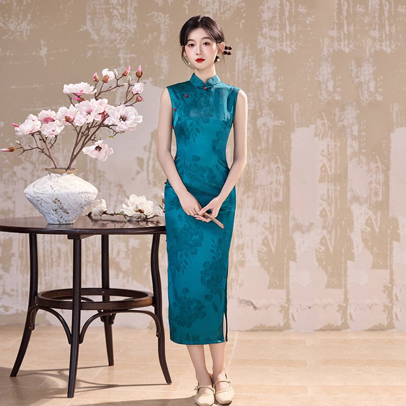 Beth and Brian Qipao-ZQYS Floral pattern, gold&blue midi Cheongsam