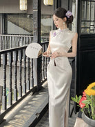 Beth and Brian Qipao-DXJ New Chinese style(新中式), sleeveless beige long Cheongsam