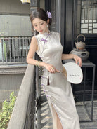 Beth and Brian Qipao-DXJ New Chinese style(新中式), sleeveless beige long Cheongsam