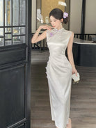 Beth and Brian Qipao-DXJ New Chinese style(新中式), sleeveless beige long Cheongsam