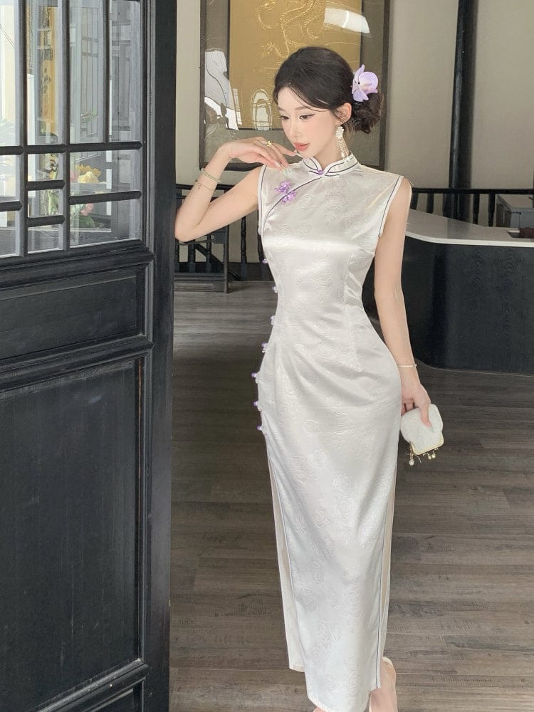 Beth and Brian Qipao-DXJ New Chinese style(新中式), sleeveless beige long Cheongsam