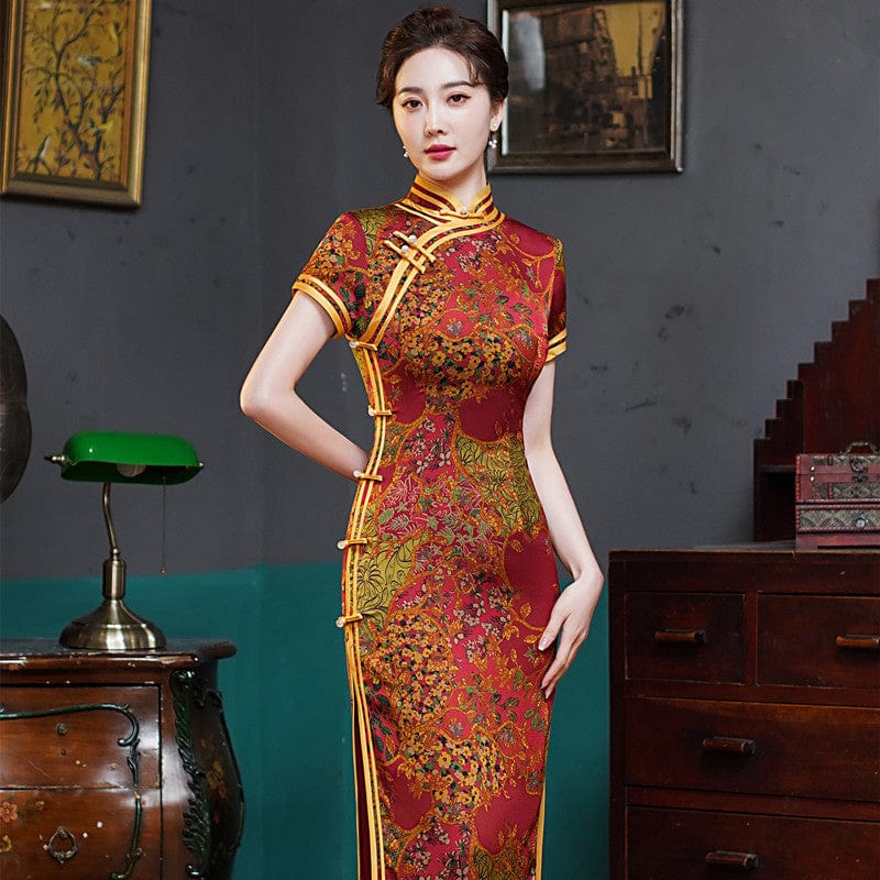 Beth and Brian Qipao-TQX Old Shanghai style, Hua luo satin long Cheongsam