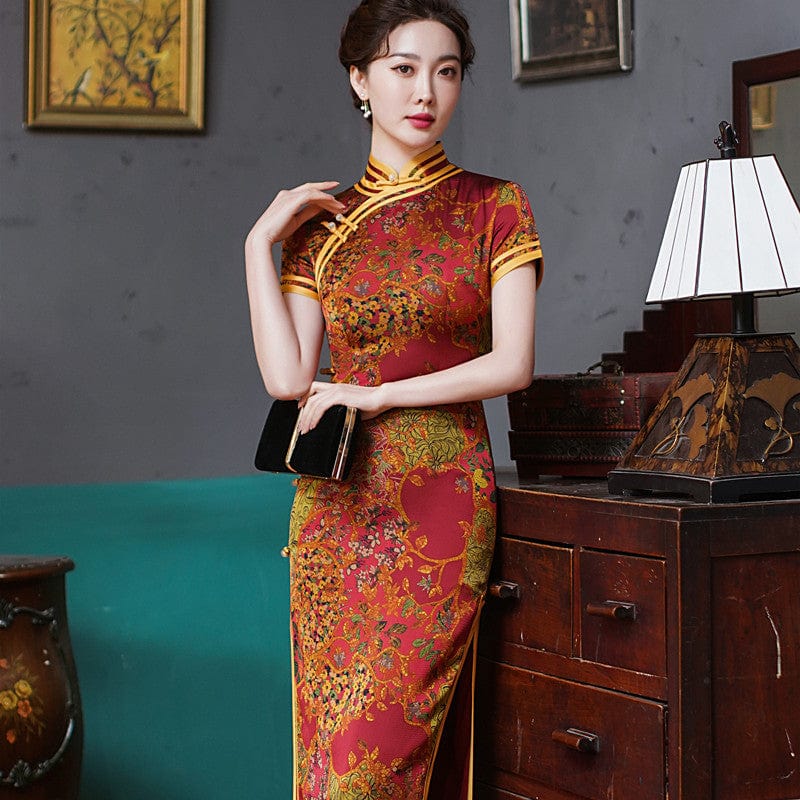 Beth and Brian Qipao-TQX Old Shanghai style, Hua luo satin long Cheongsam