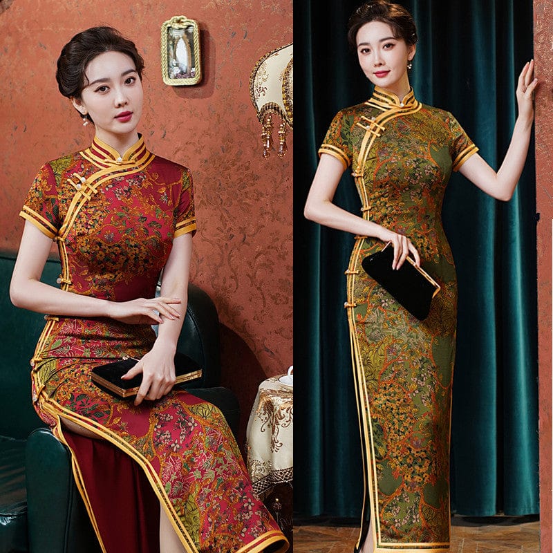 Beth and Brian Qipao-TQX Old Shanghai style, Hua luo satin long Cheongsam