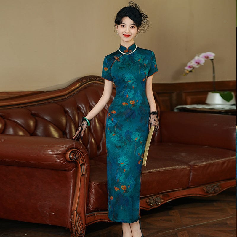 Beth and Brian Qipao-ZL Old Shanghai style, floral pattern, blue midi Cheongsam