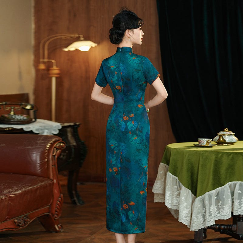 Beth and Brian Qipao-ZL Old Shanghai style, floral pattern, blue midi Cheongsam
