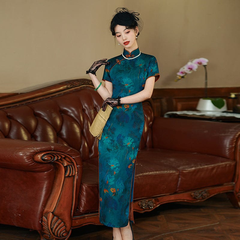 Beth and Brian Qipao-ZL Old Shanghai style, floral pattern, blue midi Cheongsam