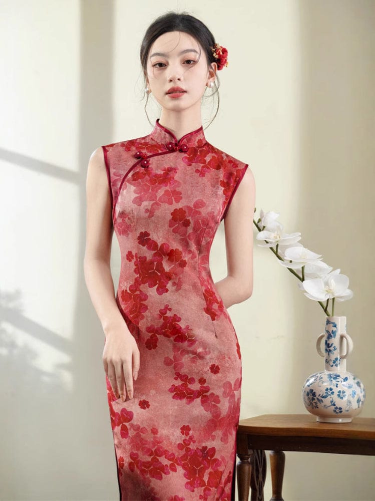 Beth and Brian Qipao-JN Floral pattern, acetate jacquard fabric, red midi Cheongsam