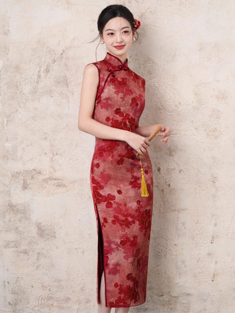 Beth and Brian Qipao-JN Floral pattern, acetate jacquard fabric, red midi Cheongsam