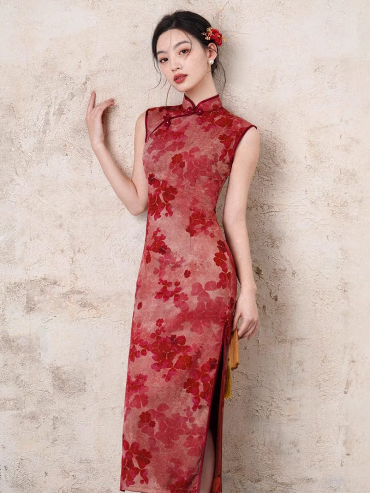 Beth and Brian Qipao-JN Floral pattern, acetate jacquard fabric, red midi Cheongsam