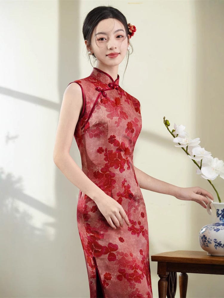 Beth and Brian Qipao-JN Floral pattern, acetate jacquard fabric, red midi Cheongsam
