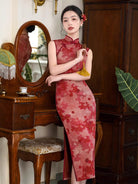 Beth and Brian Qipao-JN Floral pattern, acetate jacquard fabric, red midi Cheongsam