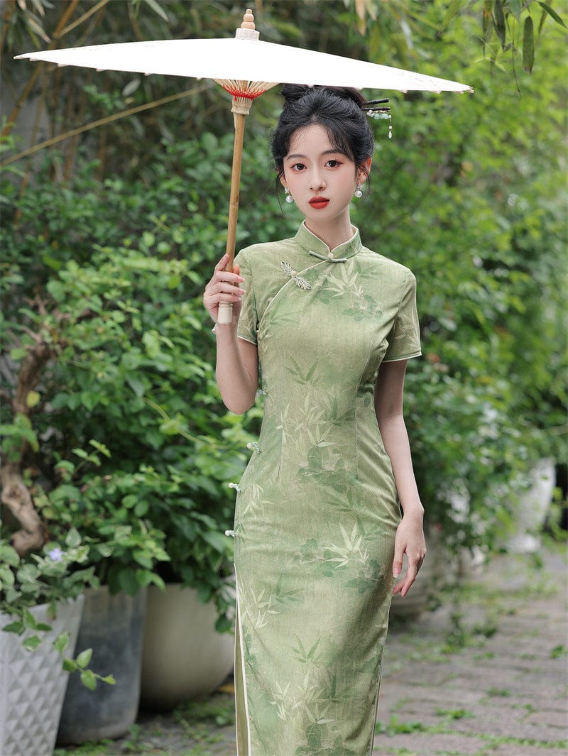 Beth and Brian Qipao-JN Mesh fabric, bamboo pattern, green midi Cheongsam