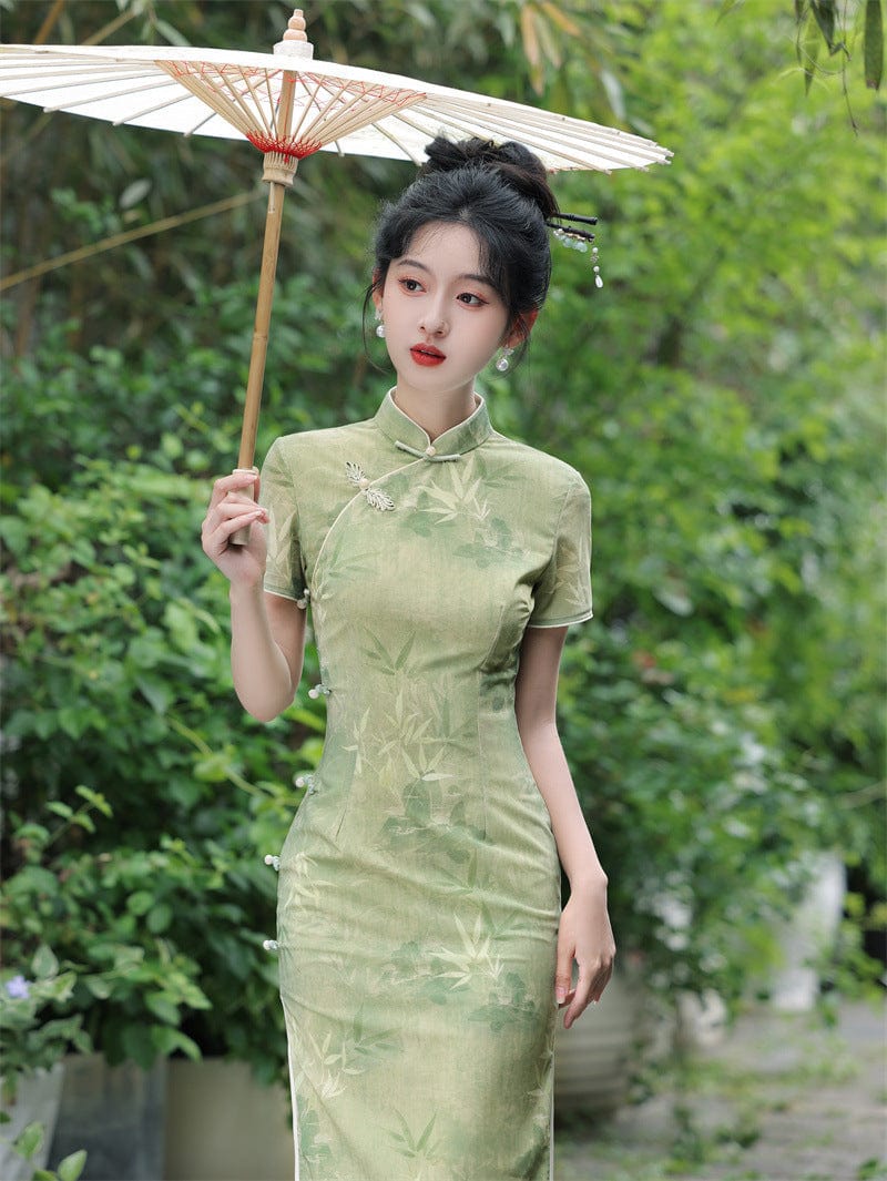 Beth and Brian Qipao-JN Mesh fabric, bamboo pattern, green midi Cheongsam