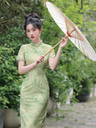 Beth and Brian Qipao-JN Mesh fabric, bamboo pattern, green midi Cheongsam