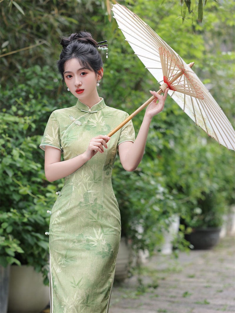Beth and Brian Qipao-JN Mesh fabric, bamboo pattern, green midi Cheongsam