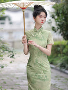 Beth and Brian Qipao-JN Mesh fabric, bamboo pattern, green midi Cheongsam