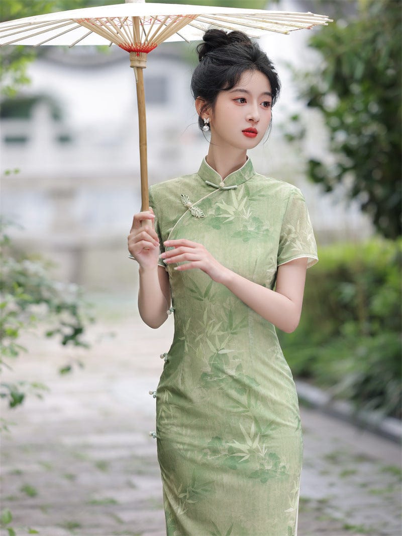 Beth and Brian Qipao-JN Mesh fabric, bamboo pattern, green midi Cheongsam