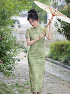 Beth and Brian Qipao-JN Mesh fabric, bamboo pattern, green midi Cheongsam