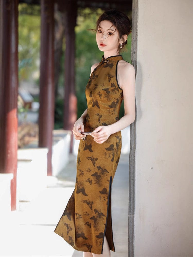 Beth and Brian Qipao-JN New Chinese style (新中式), butterfly pattern, yellow midi Cheongsam