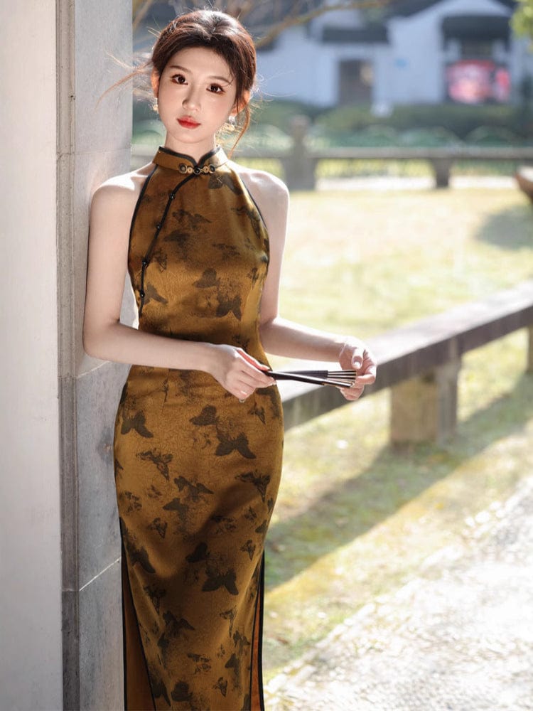 Beth and Brian Qipao-JN New Chinese style (新中式), butterfly pattern, yellow midi Cheongsam