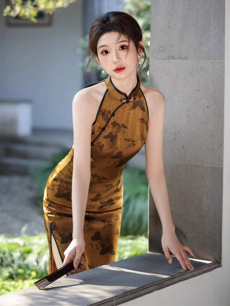 Beth and Brian Qipao-JN New Chinese style (新中式), butterfly pattern, yellow midi Cheongsam