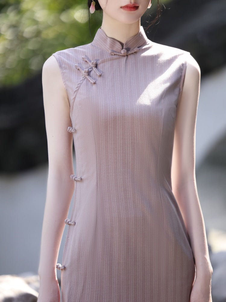 Cotton midi Cheongsam, navy blue midi Cheongsam, stripe midi Cheongsam   Beth&Brian Qipao