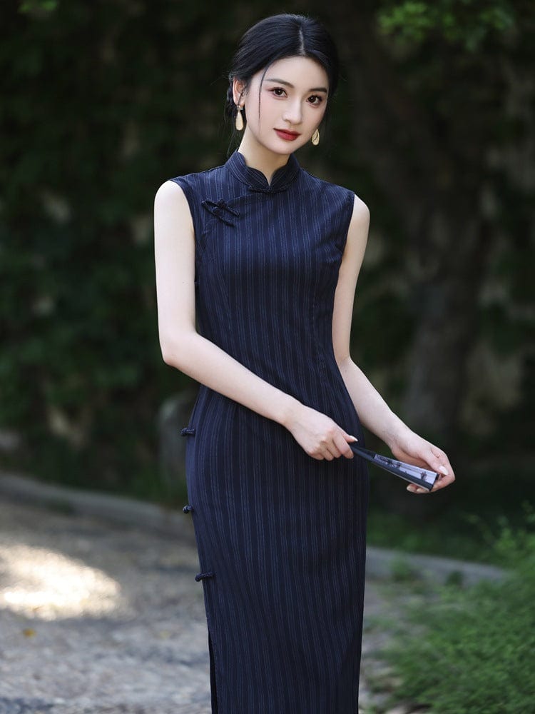 Beth and Brian Qipao -YG Stripe pattern, cotton mid-length Cheongsam