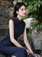 Beth and Brian Qipao -YG Stripe pattern, cotton mid-length Cheongsam