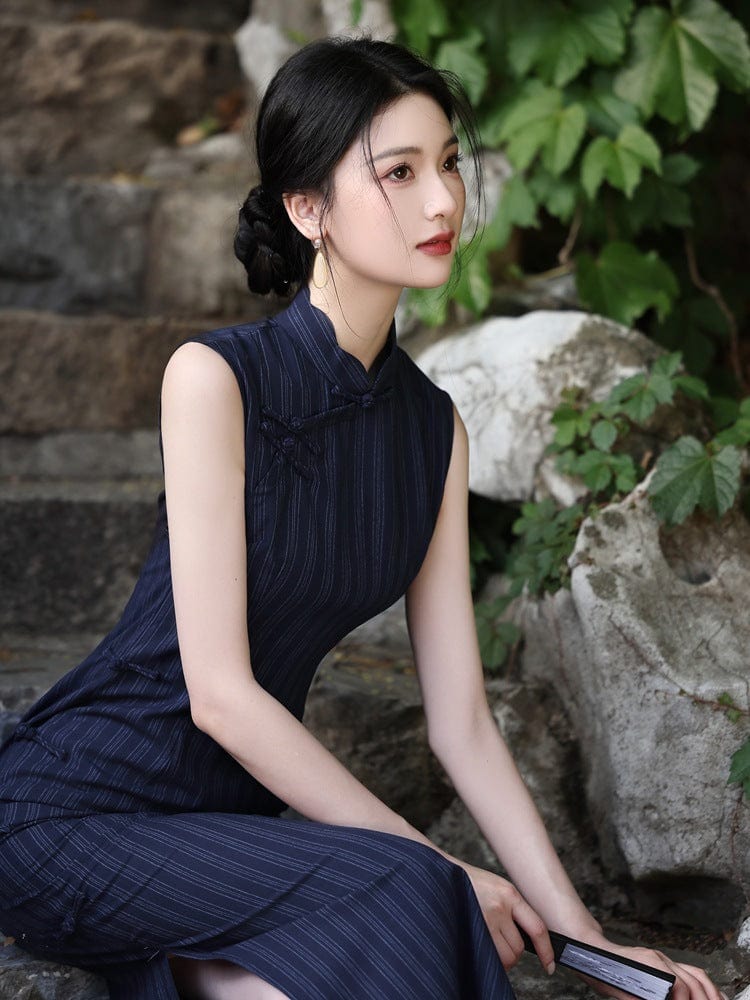 Beth and Brian Qipao -YG Stripe pattern, cotton mid-length Cheongsam