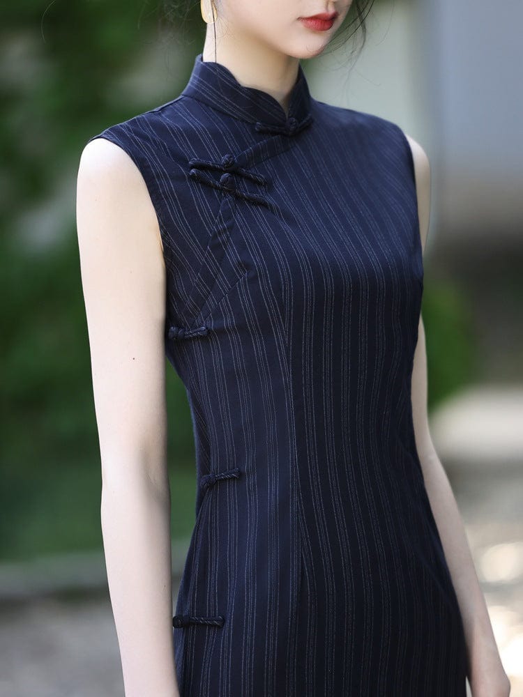 Beth and Brian Qipao -YG Stripe pattern, cotton mid-length Cheongsam