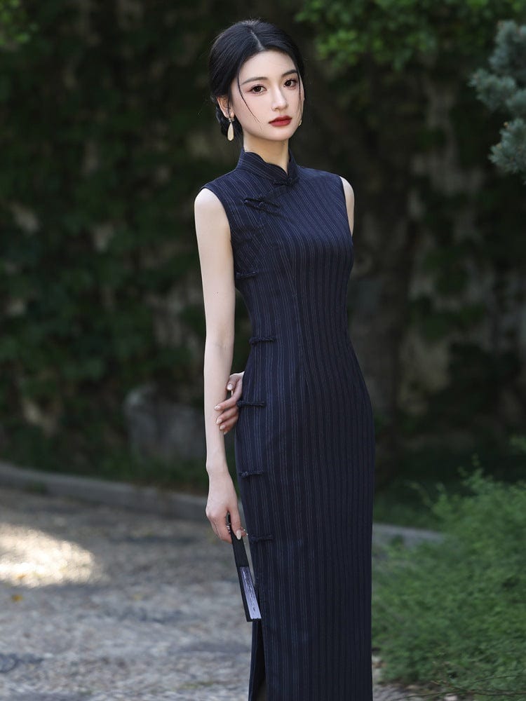 Beth and Brian Qipao -YG Stripe pattern, cotton mid-length Cheongsam