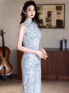 Beth and Brian Qipao-YG Tencel linen fabric, blue midi Cheongsam
