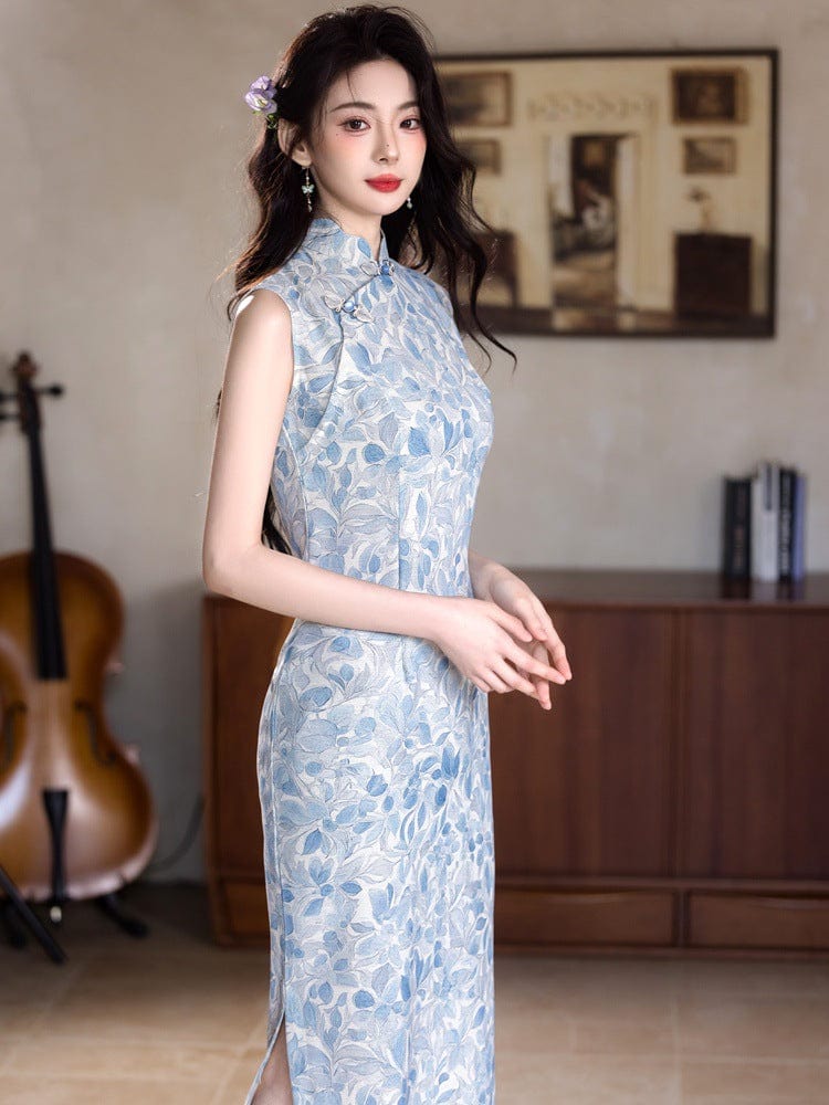 Beth and Brian Qipao-YG Tencel linen fabric, blue midi Cheongsam