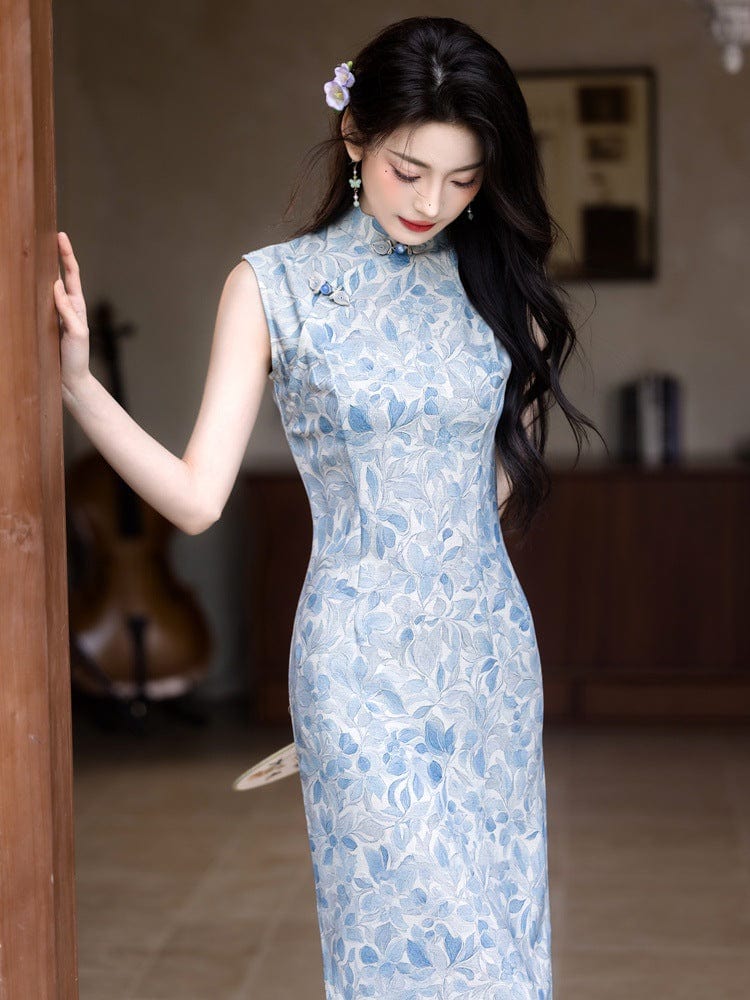 Beth and Brian Qipao-YG Tencel linen fabric, blue midi Cheongsam