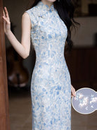 Beth and Brian Qipao-YG Tencel linen fabric, blue midi Cheongsam