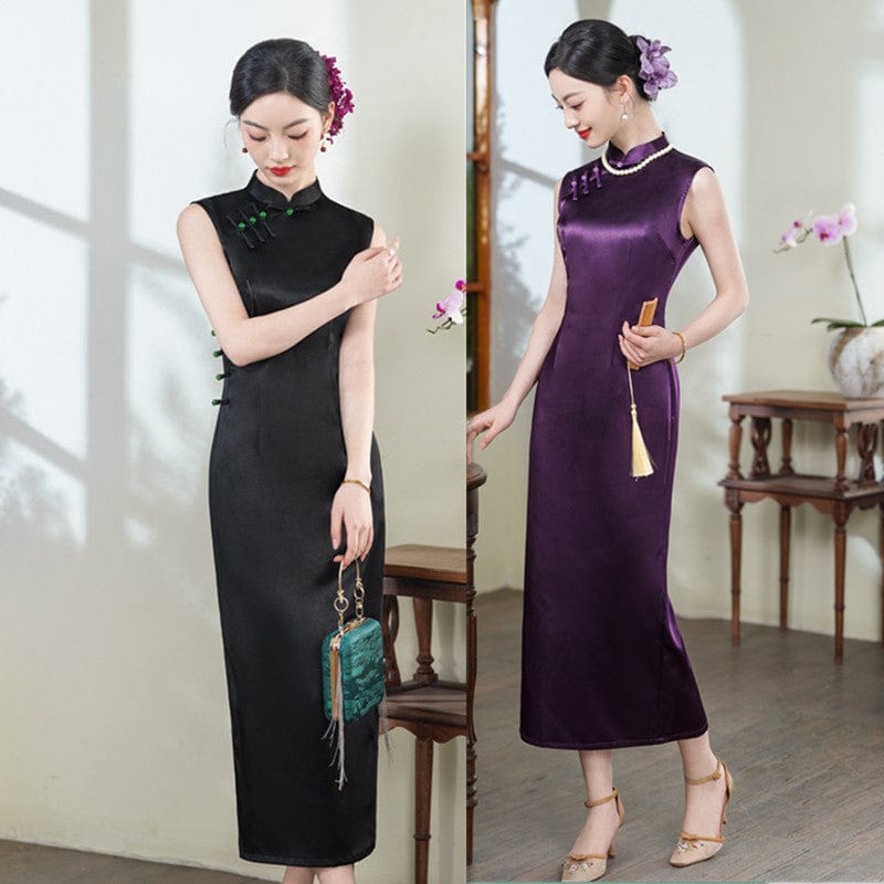 Beth and Brian Qipao-SYK Plain pattern, acetate fabric, black&purple midi Cheongsam