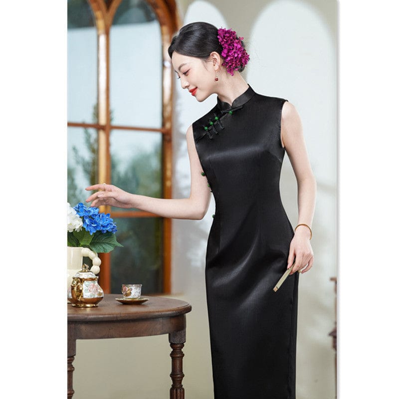 Beth and Brian Qipao-SYK Plain pattern, acetate fabric, black&purple midi Cheongsam