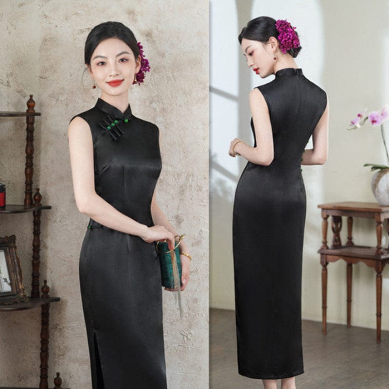 Beth and Brian Qipao-SYK Plain pattern, acetate fabric, black&purple midi Cheongsam