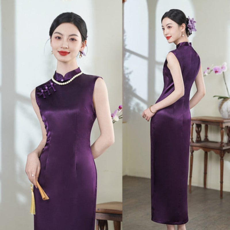 Beth and Brian Qipao-SYK Plain pattern, acetate fabric, black&purple midi Cheongsam