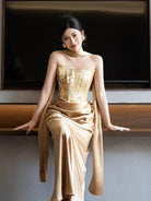 Beth and Brian Qipao-QHM Tube top, New Chinese style (新中式), floral satin floor length Cheongsam