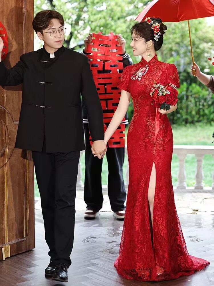 Beth and Brian Qipao-YST Backless, floral embroidery, wine red long Cheongsam