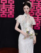 Beth and Brian Qipao-YST Sequins fabric, peacock embroidery, champagne long Cheongsam