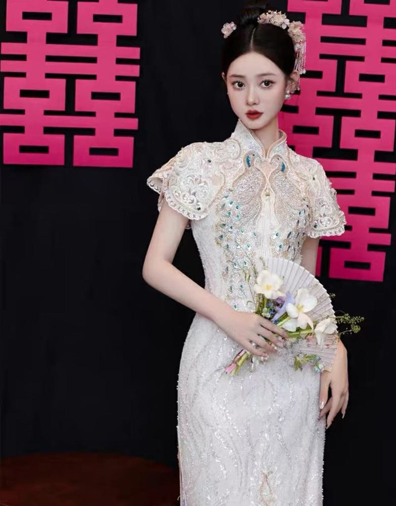 Beth and Brian Qipao-YST Sequins fabric, peacock embroidery, champagne long Cheongsam