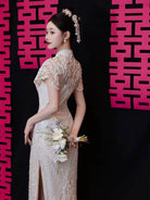 Beth and Brian Qipao-YST Sequins fabric, peacock embroidery, champagne long Cheongsam