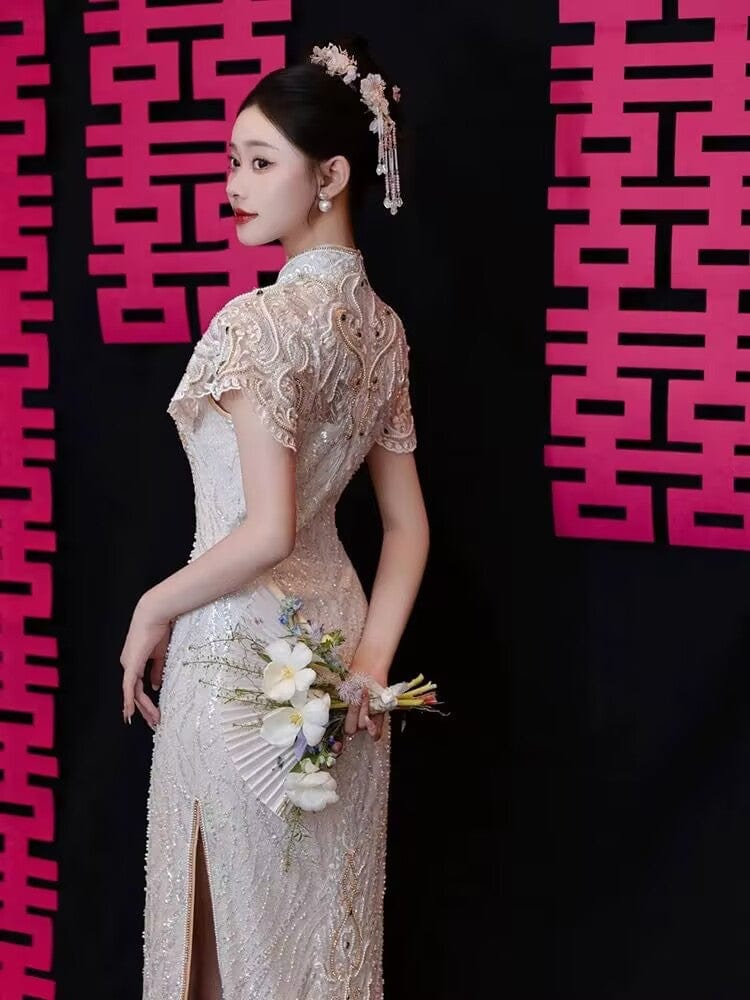 Beth and Brian Qipao-YST Sequins fabric, peacock embroidery, champagne long Cheongsam