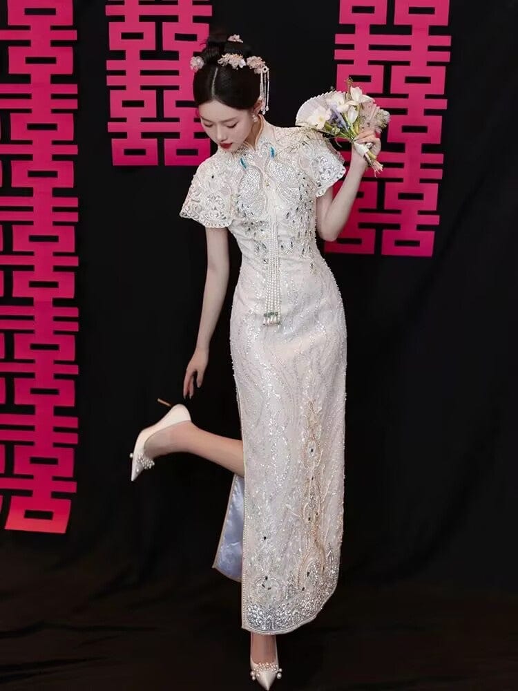 Beth and Brian Qipao-YST Sequins fabric, peacock embroidery, champagne long Cheongsam