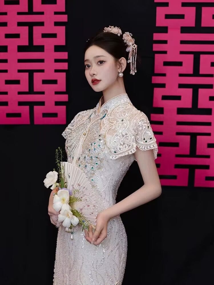 Beth and Brian Qipao-YST Sequins fabric, peacock embroidery, champagne long Cheongsam